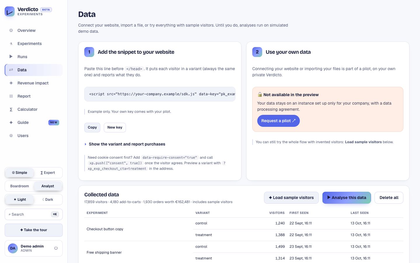 Verdicto screen: Your data, your way